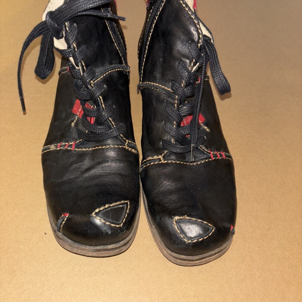 Vintage Rivers Leather Lace Up Boots Bohemian 38 Black Red Leather - Picture 3 of 7